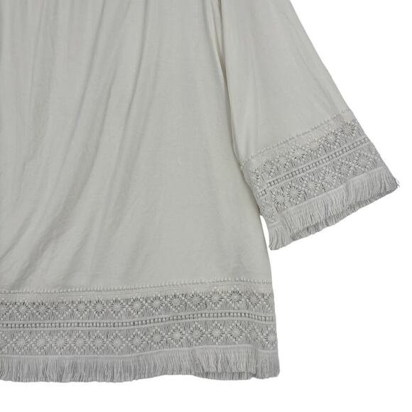 Chico's Stretch Knit Blouse Top Boat Neck Crochet Fringe Lace Trim White Size L - Picture 4 of 11